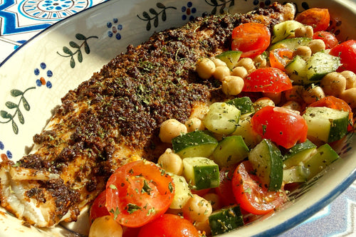Chermoula Baked White Fish with Crisp Chickpea Salad