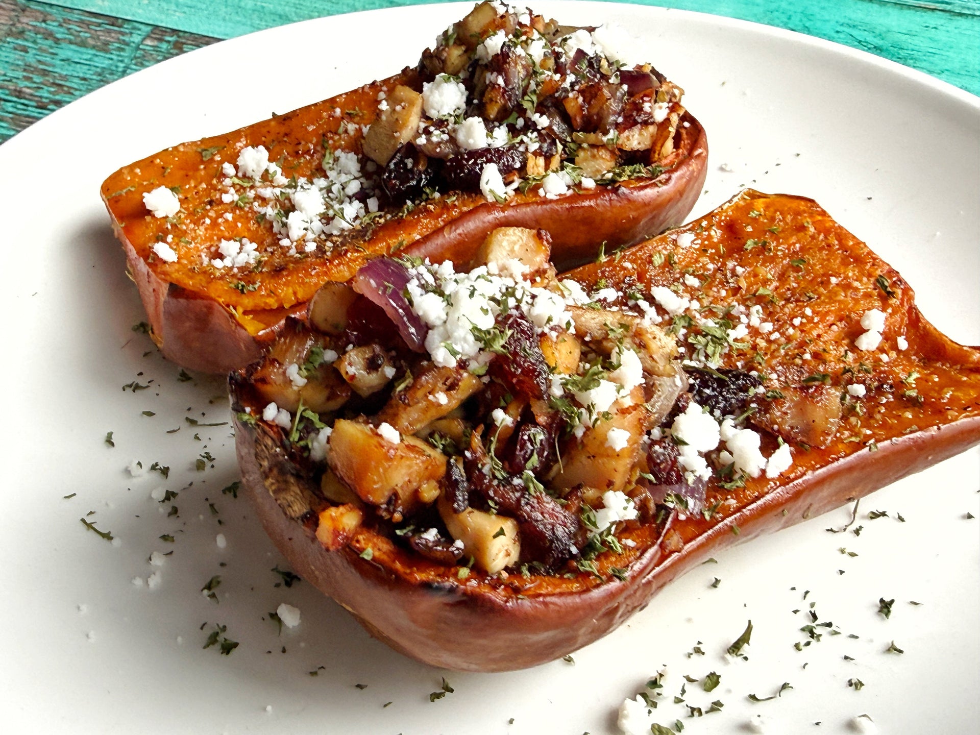 Leftover Turkey Hash Stuffed Roasted Honeynut Squash