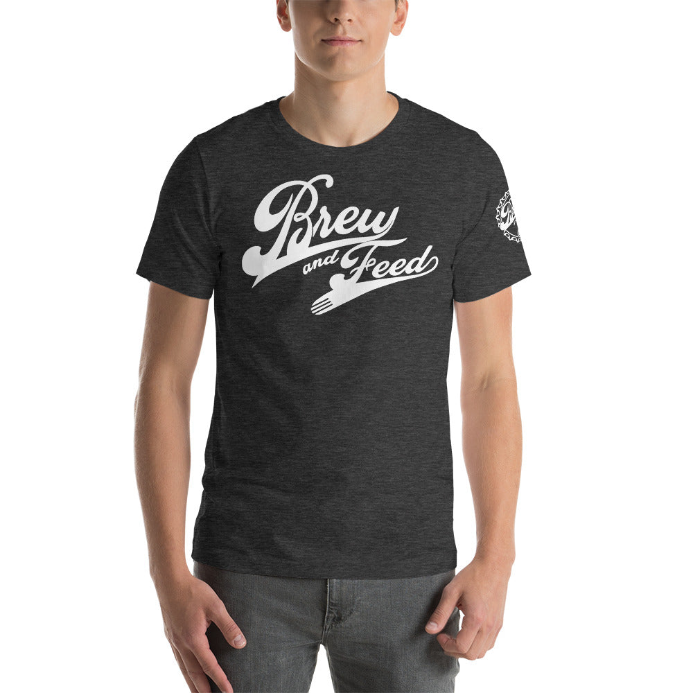 Brew and Feed Script Short-Sleeve Unisex T-Shirt - Dark Grey Heather / XS - Dark Grey Heather / S - Dark Grey Heather / M - Dark Grey Heather / L - Dark Grey Heather / XL - Dark Grey Heather / 2XL - Dark Grey Heather / 3XL - Dark Grey Heather / 4XL