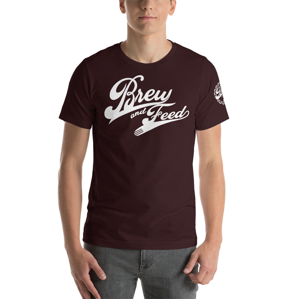 Brew and Feed Script Short-Sleeve Unisex T-Shirt - Oxblood Black / S - Oxblood Black / M - Oxblood Black / L - Oxblood Black / XL - Oxblood Black / 2XL - Oxblood Black / 3XL - Oxblood Black / 4XL