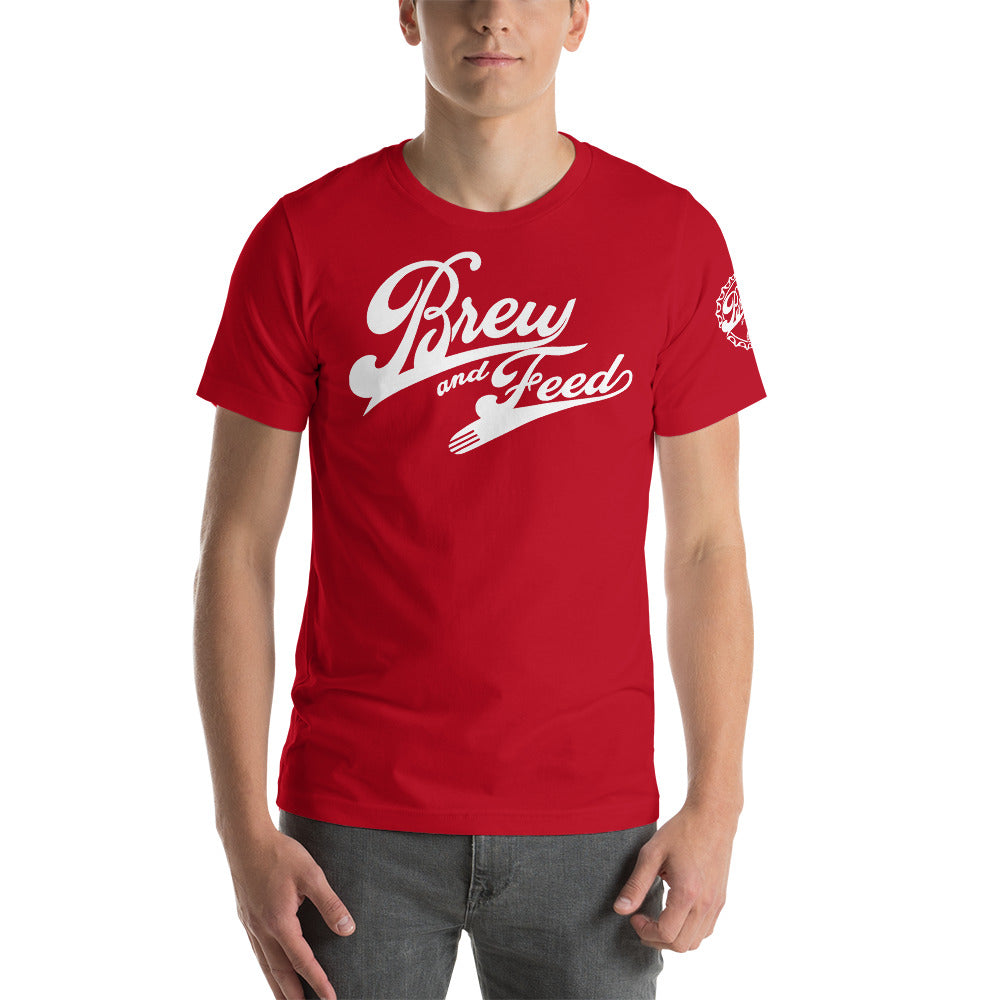 Brew and Feed Script Short-Sleeve Unisex T-Shirt - Red / S - Red / M - Red / L - Red / XL - Red / 2XL - Red / 3XL - Red / 4XL